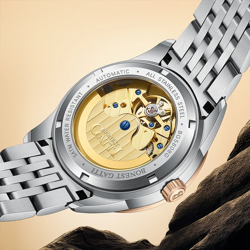 BONEST GATTI Orologio automatico da uomo 42mm Orologio da polso meccanico di lusso 5ATM Zaffiro Quadrante scheletrato luminoso Sole Luna 24 ore