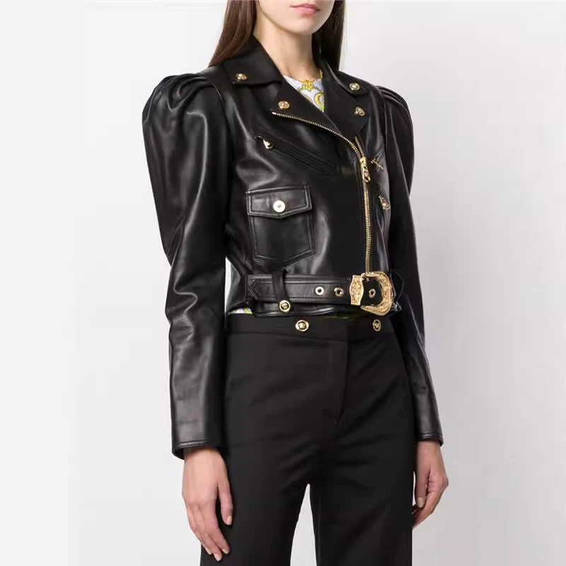 100% giacche in vera pelle moda donna High Street manica a sbuffo cappotti corti Slim donna pelle di pecora Moto Biker giacche vestiti