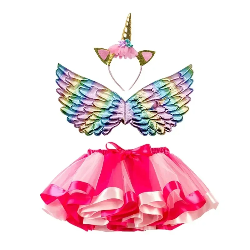 Girls Unicorn Birthday Party Skirts Baby Girl Rainbow Tulle Skirts+Wing+Unicorn Headband Miniskirt Sets Princess Cosplay Costume