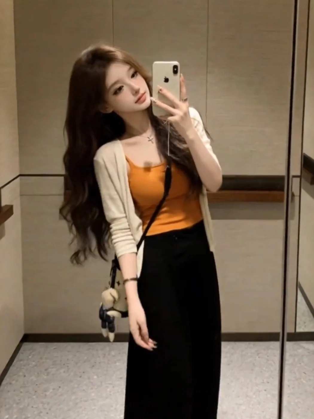 

Lightweight Knitted Orange Strap Vest Set Women's Summer Chic Sun Protection Cardigan Long Sleeve High Waist Straight Leg Pants