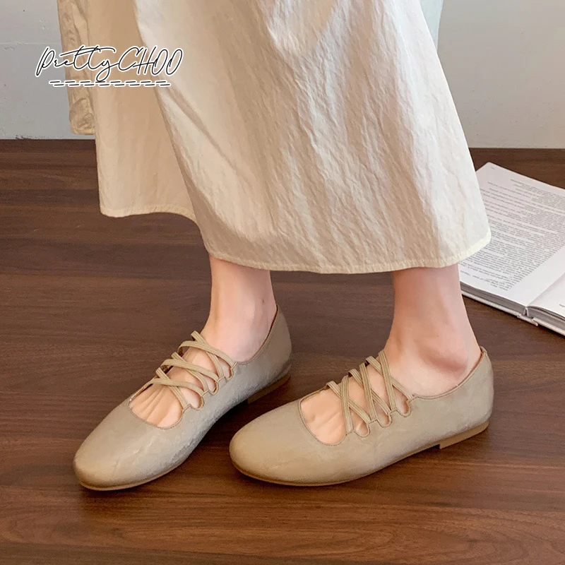 

Champagne Gold Cross-Tied Elastic Band Ballerina Shoe Woman Round Toe Lace Up Leather Ballet Flat Ladies Elegant Shallow Loafers