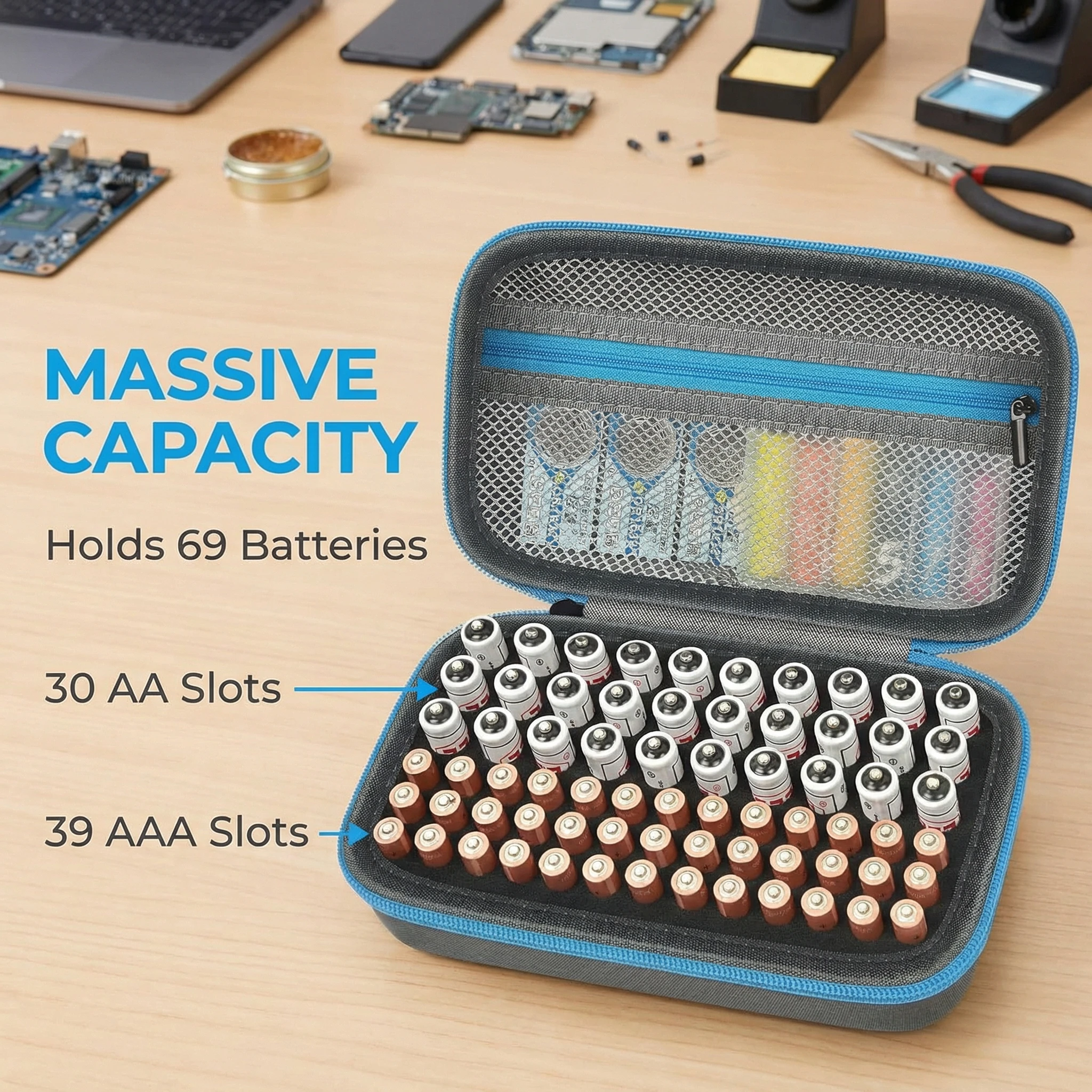 Battery Storage Bag - Holds 69+ AA/AAA/C/9V/3V Lithium Batteries,  Organizer with Foam Slots & Mesh Pocket, No Tester Included