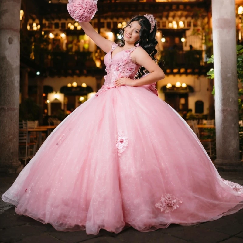 

Pink Shiny Ball Gown Quinceanera Dresses Applique Beading Crystal Bow Tull Corset Off Shoulder Sweet 16 Dress Vestidos 15 De