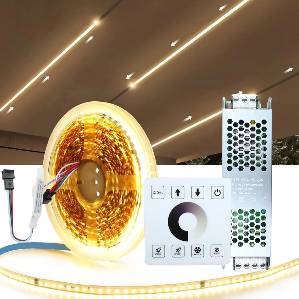 

24V 5m 10m 20m Running Water LED Strip Light 2835 SMD WS2811 Flowing Tape Horse Race Flexible Linear Lamp RF Touch Panel Remote