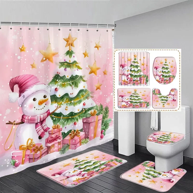 Winter Christmas Shower Curtain Set Pink Snowman Bowknot Gift Pine Bough Xmas New Year Bathroom Decor Bath Mats Toilet Lid Cover