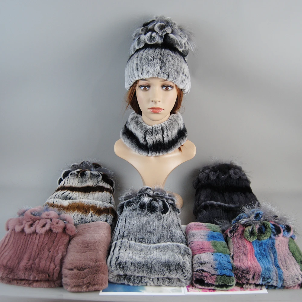 2024 Women Winter Luxury Knitted Rex Rabbit Fur Hats With Silver Fox Fur Cap Scarves Sets Real Rex Rabbit Fur Hat Scarf 2 Pieces