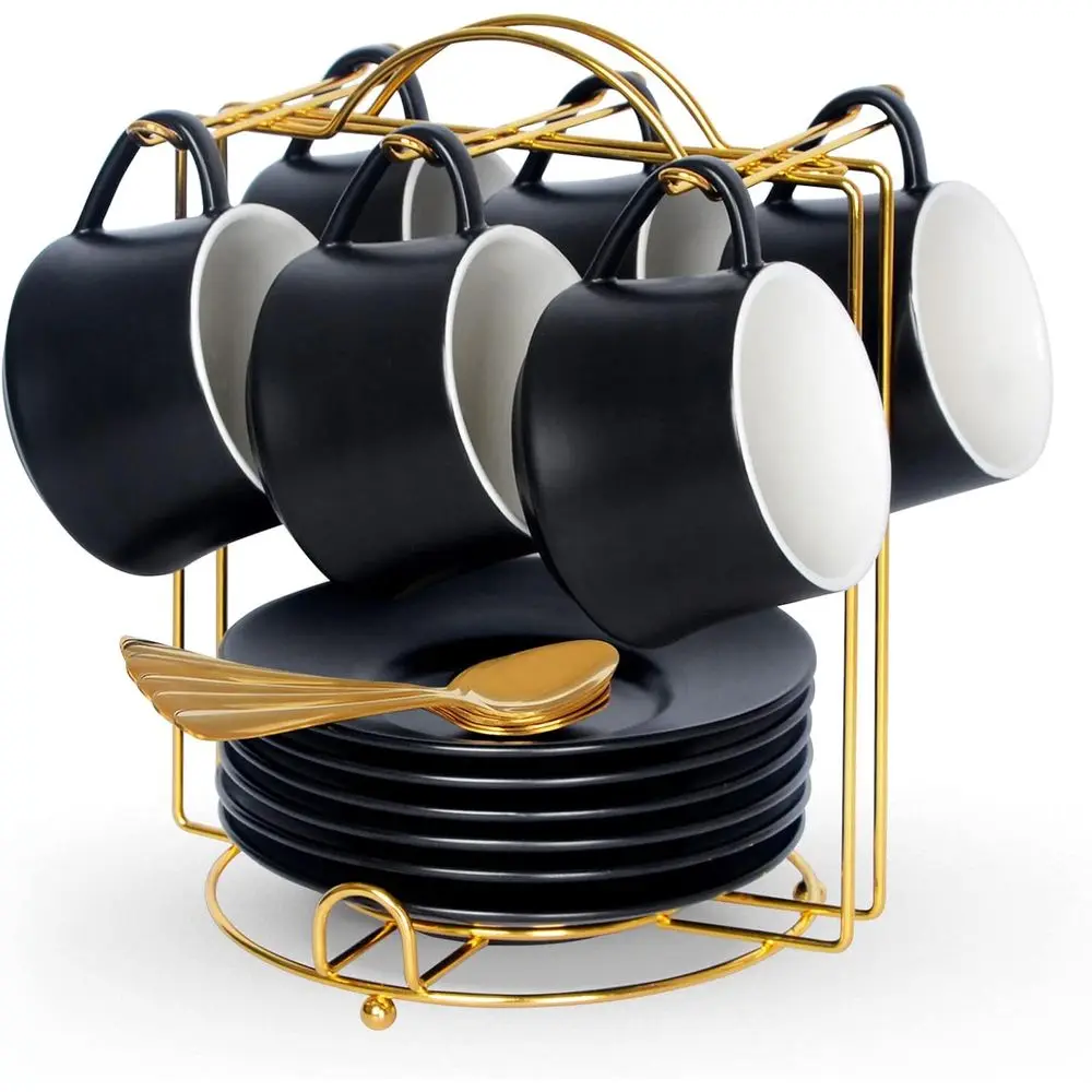Juego de 6 Tazas de Café Apilables de Porcelana con Platos, Cucharas y Soporte Metálico para Espresso, Latte, Americano y Té, Color Negro