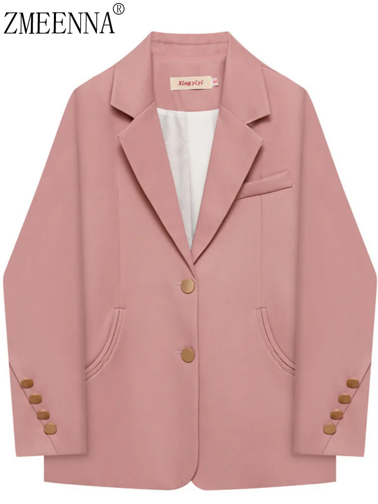 

ZMEENNA 2025 Spring New Chic Design Womens Casual Pink Blazer Solid Color Stylish Jacket Modern Fit Lightweight Coat ZM807
