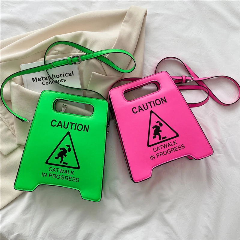 Crossbody Bag Women Creative Caution Letters Sign Handbag Cute Fluorescence Color Shoulder Bags for Female Clutches Purse Bolsa