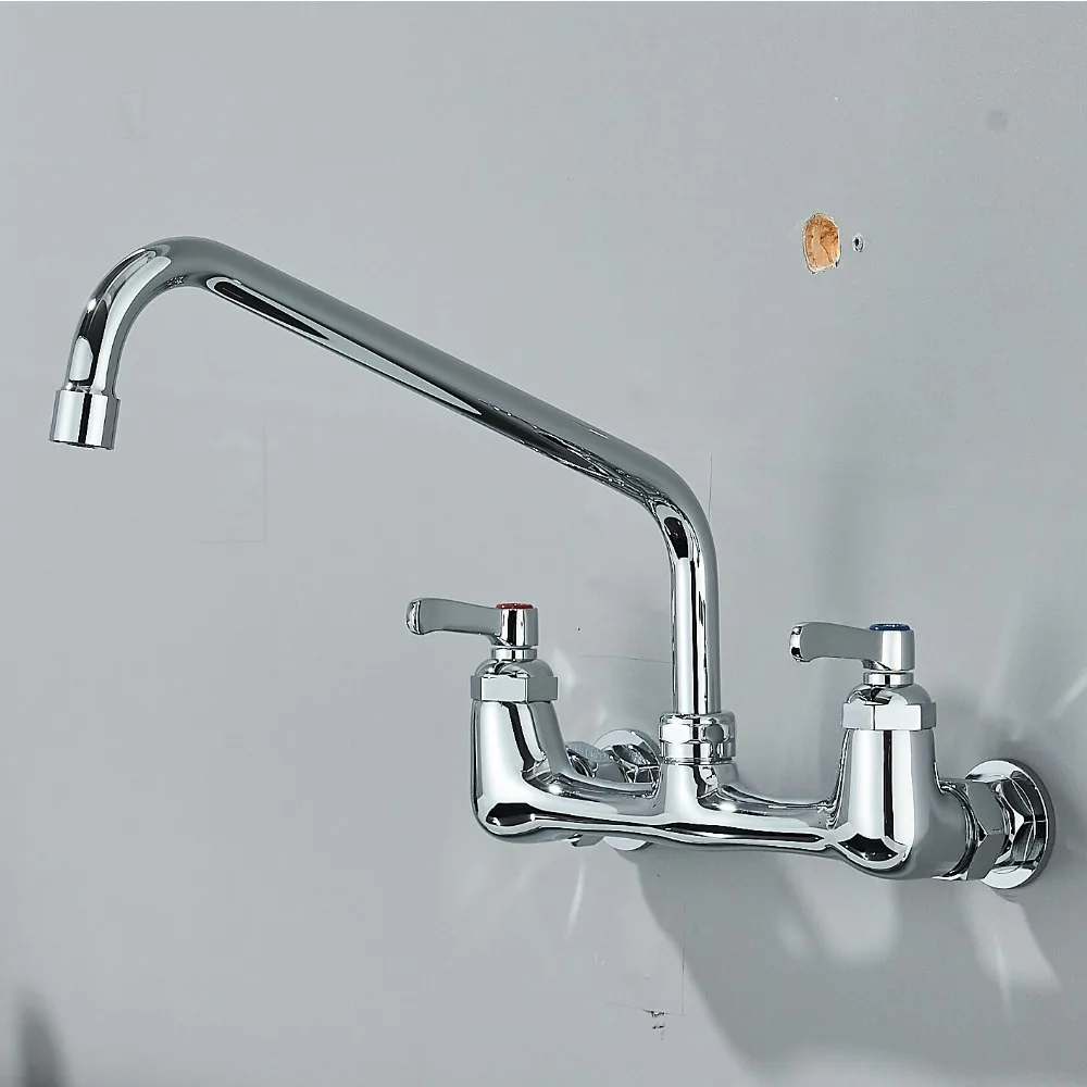 

12 in Chrome Kitchen Sink Faucet Wall Mounted Swivel Spout 2 Handle Mixer Tap