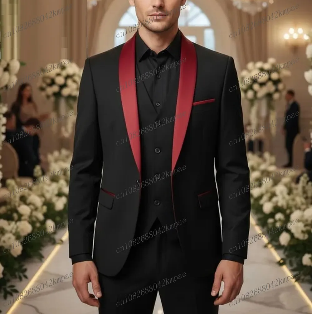 

Red Collar And Black Formal Men Suit Groom Groomsman Wedding Party Prom Business Male Tuxedos 3 Piece Set Blazer Vest Pants