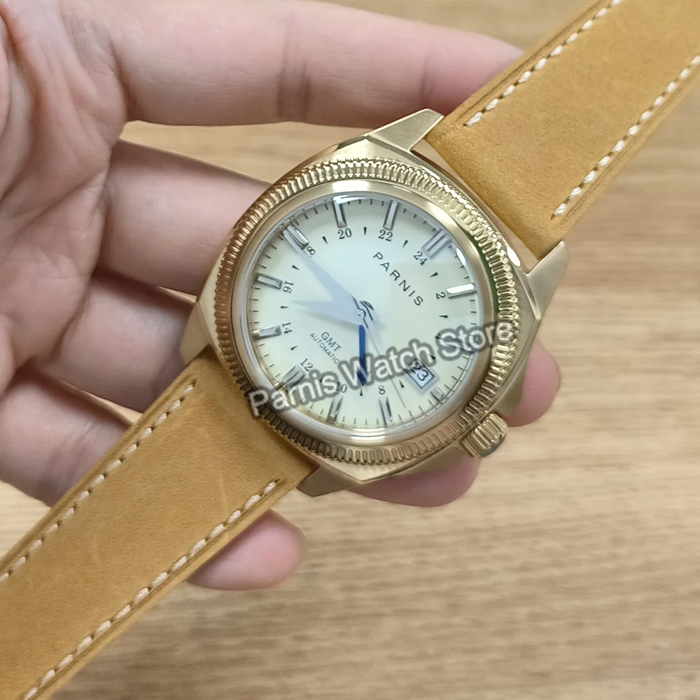 Parnis 41mm cristal de zafiro esfera Beige caja dorada NH35 NH34 reloj mecánico automático para hombres reloj de pulsera resistente al agua