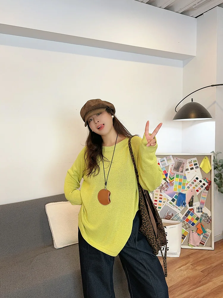 

plus Size Women's Knitwear round Ne Long Sve Slit oulder Insertion Autumn Outerwear Inner Match Polyester Fiber Blend