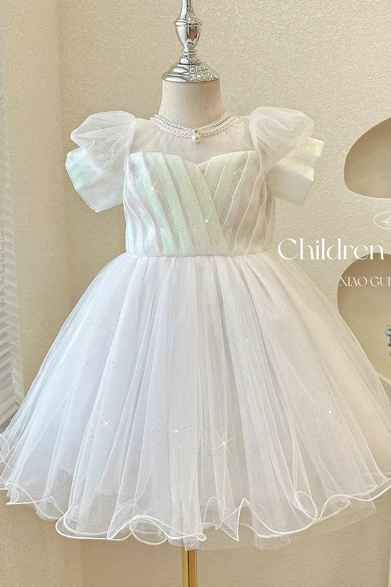 Vestidos de Fiesta blancos de verano para niña, vestidos de baile de rendimiento de boda con flores, volantes de cuentas, vestido de princesa de tul con lazo