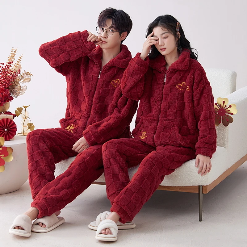 

High Quality Couple Pajamas Set Red Flannel Sleepwear Women Men Warm Fleece Pijama Winter Lovers Kimono Home Clothes