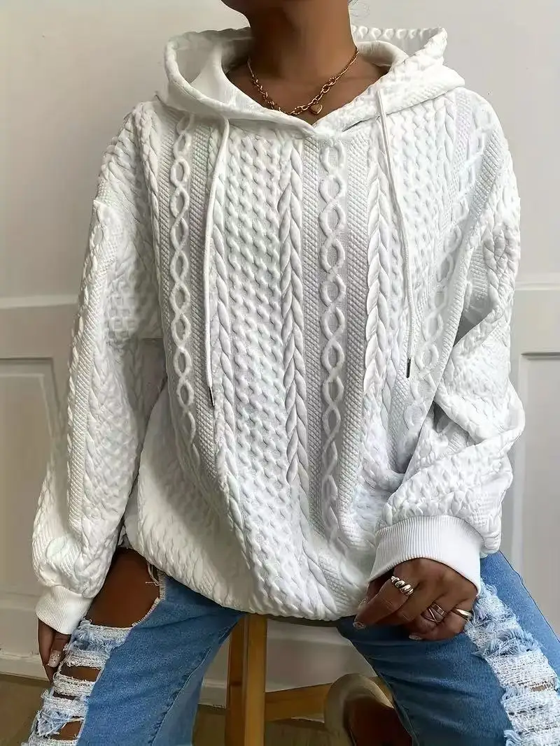 

Big Size Women's Long Sleeve Loose Casual Twist Solid Colour V-Neck Hooded Sweatshirt