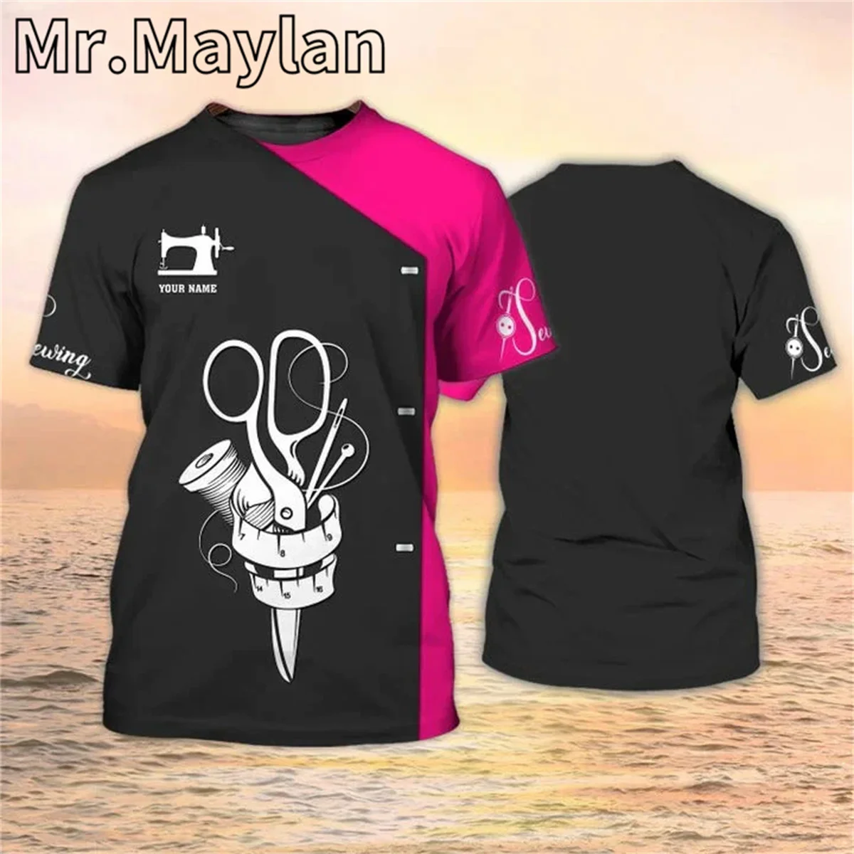 Personalized Name 3D Full Printed Sewing Tools T Shirt Sewing Shirt Black Pink Pattern Tailor Gifts Tshirts Men/Women Unisex Tee