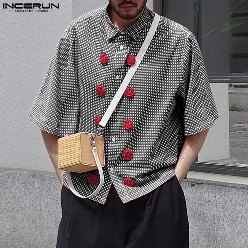 INCERUN 2025 Stylish Men's Tops Plaid Flower Decoration Shirts Casual Streetwear Male Hot Sale Short Sleeved Lape Blouse S-5XL