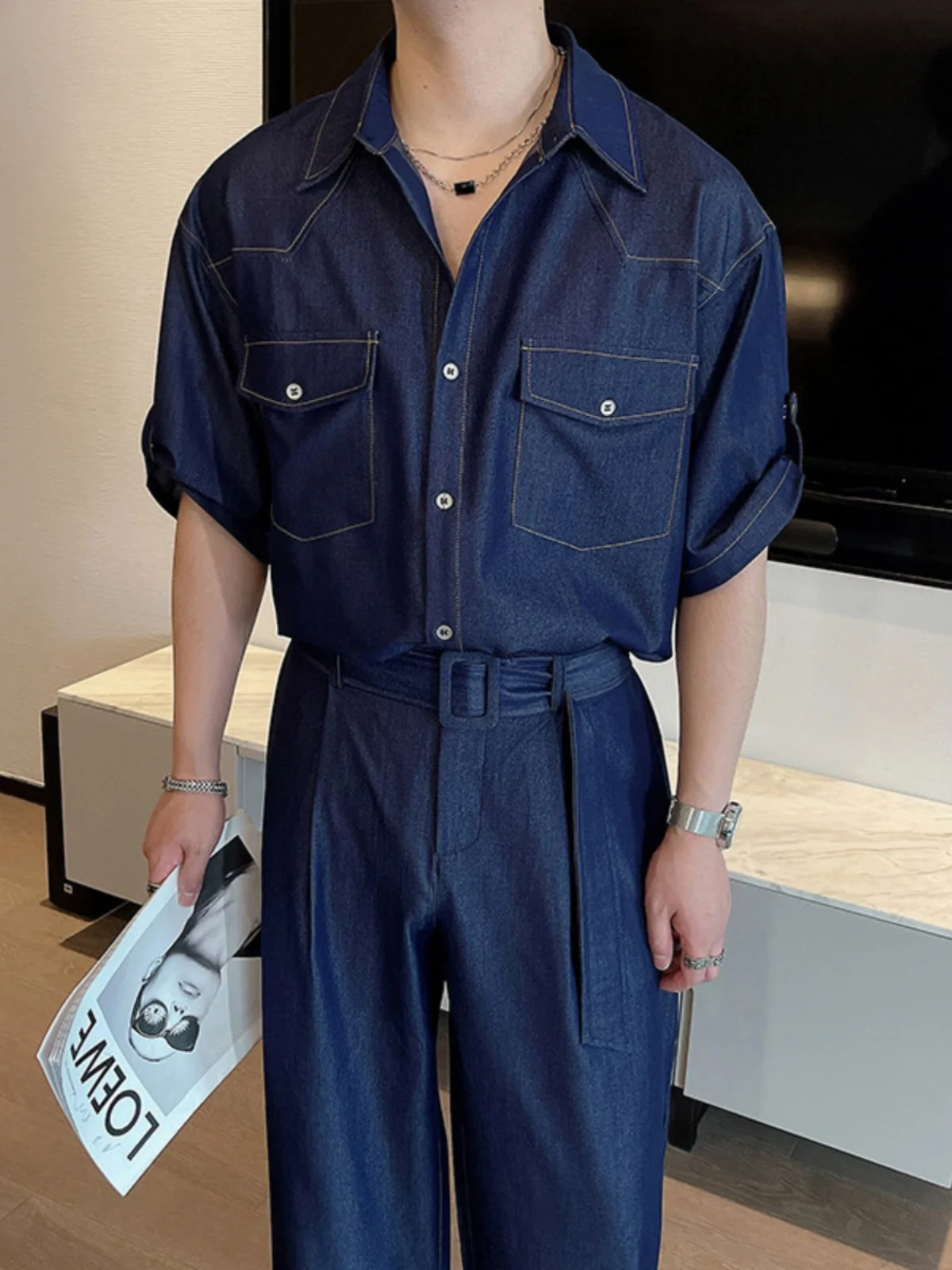 

Summer Lightweight Men's Denim irt And Casual Pants Set Silk ort Sve Hanging Jeans Sle Faionable Youth Outfit