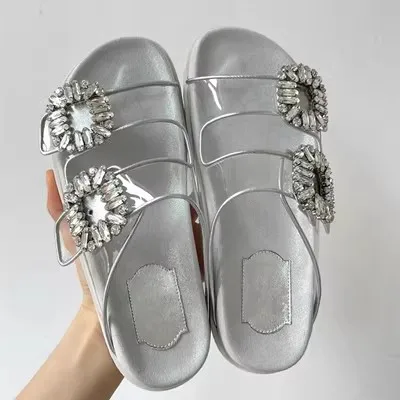 Brand Crystal Buckle Beach Summer Shoes Women Slippers Rhinestone Transparent Platform Mules Slides Flats Sandalias Planas Lujo