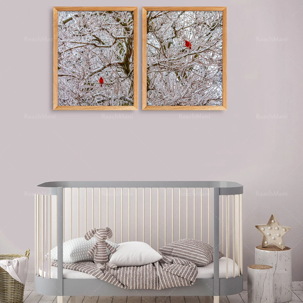 Bishop in red and red, winter forest land holiday bird poster, frost tree wall art, cute animal wild animal decoration