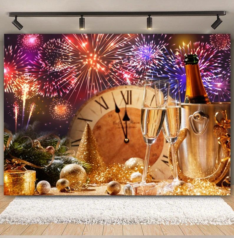2025 Happy New Year Fireworks Photography Backdrop New Year Eve Clocks Champagne Home Party Decor Background Photo Studio Props