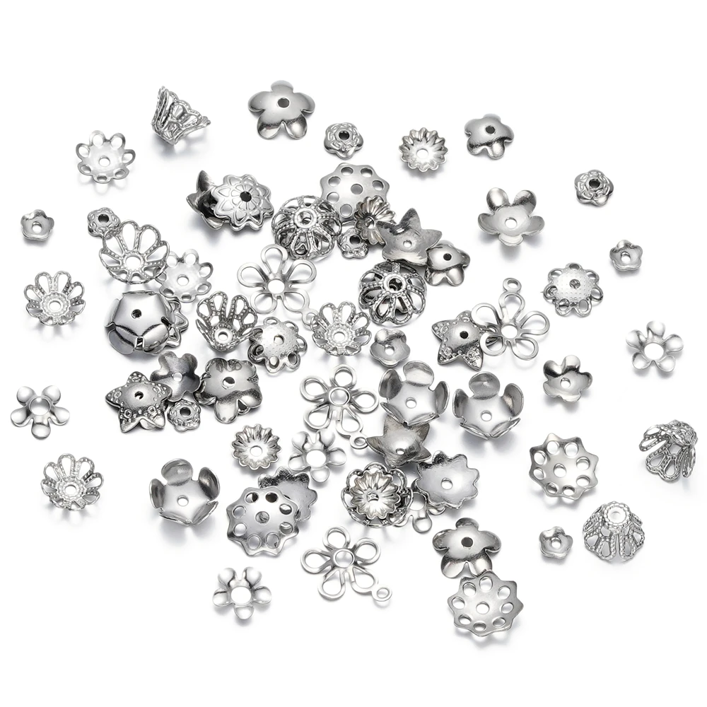 50pcs/Lot 15 Style Stainless Steel Leaf Flowers Bead End Caps for Jewelry Making Needlework Spacer Bead Caps DIY Accessories