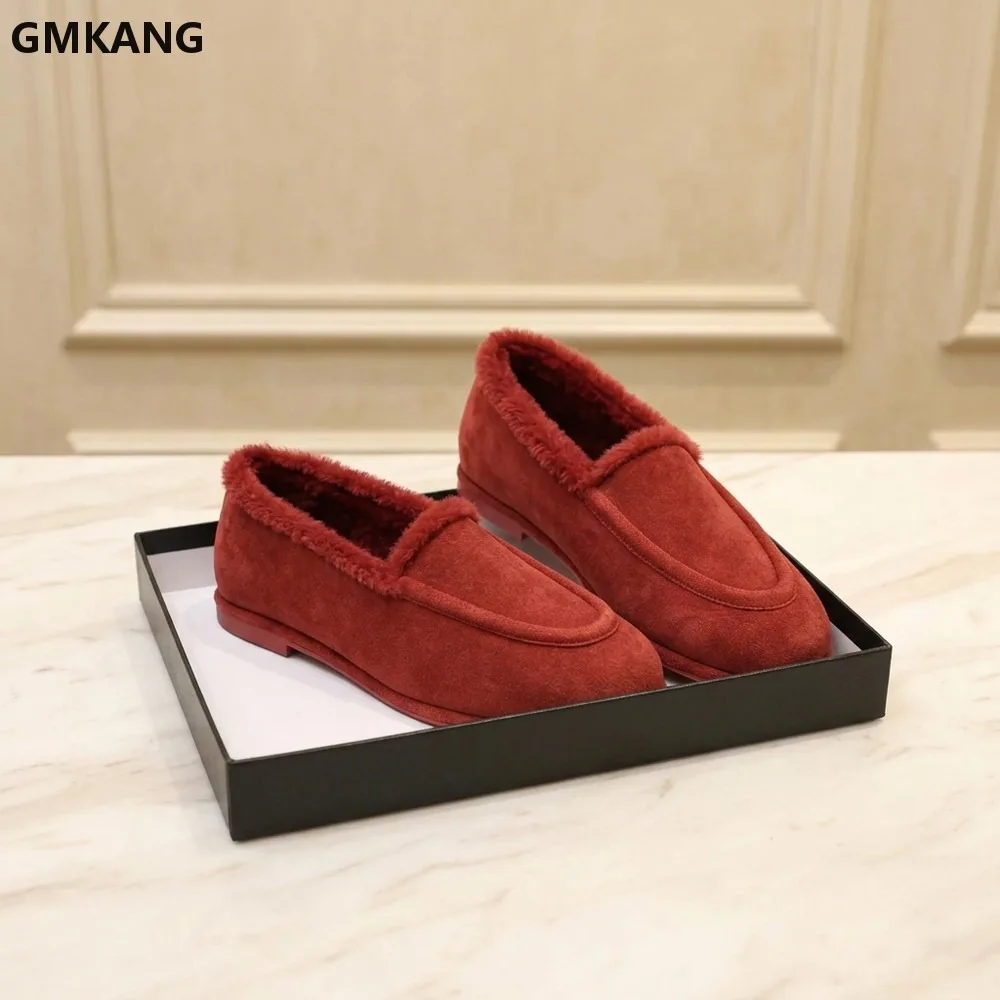 Fleece Lined Loafers Round Toe Suede Upper Slip-On Warm Plush Winter Casual Shoes Comfortable Walking Daily Fashion