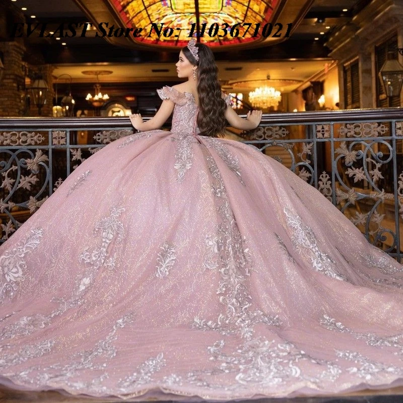 EVLAST gaun dansa merah muda Quinceanera mawar gaun pesta korset Meksiko manik-manik Applique renda perak manis 16 Vestidos De XV 15 Anos SQ11