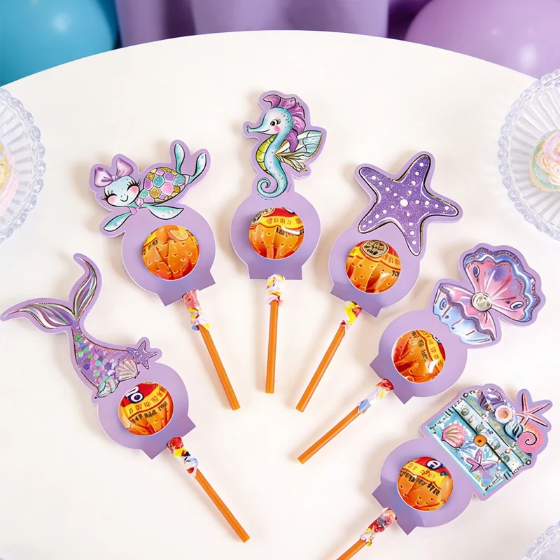 24 Stück lila Meerjungfrauen-Lollipop-Halterkarten, 6 gemischte Muster, Süßigkeiten-Lollipop-Papierkarten, Dekoration im Unterwasser-Thema, Geschenk-Gastgeschenke – Detail 3