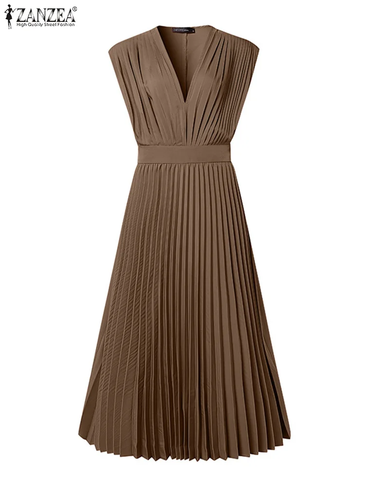 ZANZEA Donne Pieghettato Veste Femme Estate Con Scollo A V Senza Maniche Elegante Partito Abiti Lunghi A Vita Alta Alla Moda Una Linea di Abiti