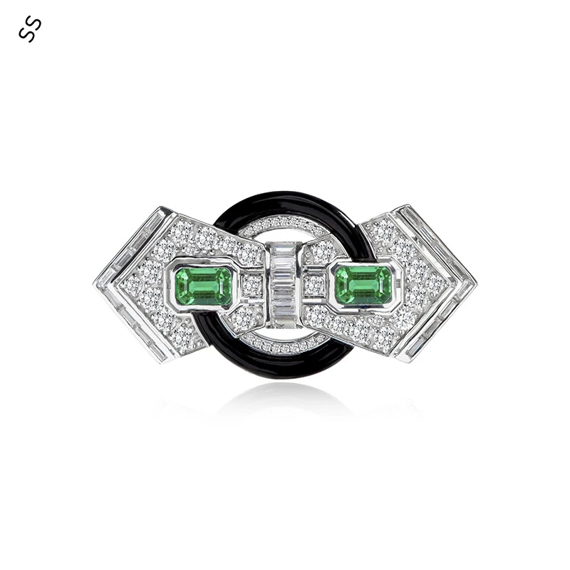 

S925 Sterling Silver Green Spinel Black Agate Brooch Temperament Simple Badge 5A Zircon Gemstone Corsage Pin Jewelry Accessories