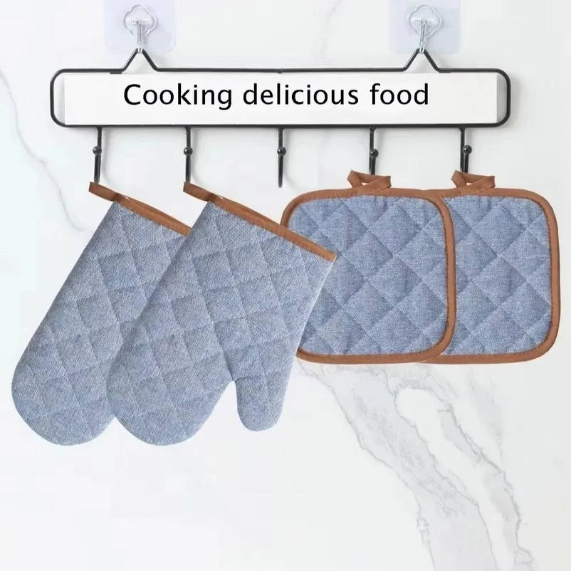2 pcs Anti Scald Oven Gloves Heat-Resistant Thickened Microwave Mitten Cotton Lining Non-slip Baking Oven Mitts