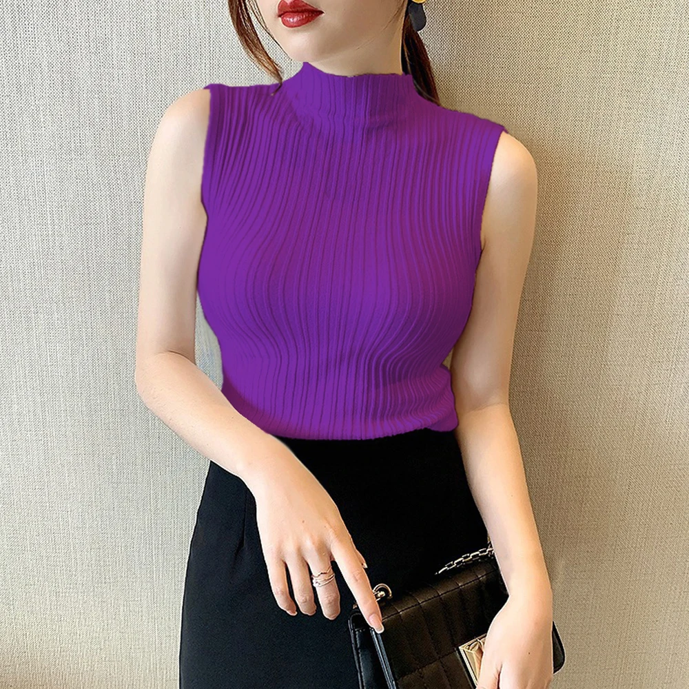 Cheaper Tops Half High Neck Sleeveless Tanks T Shirt Women Solid Stretch Slim Elastic Knit Shirts Vest Turtleneck Girl Blouses