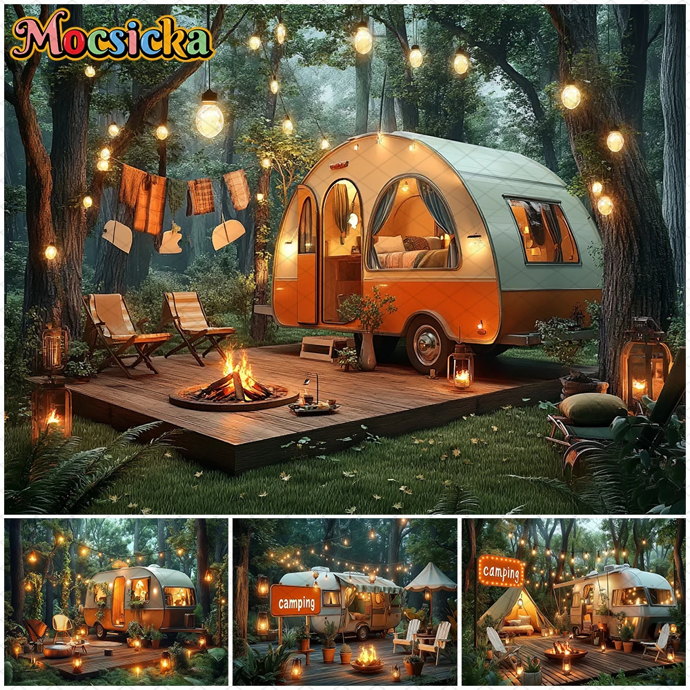 Mocsicka Camping Photography Background Spring Baby Shower Birthday Party Backdrop Green Forest Rv Pattern Decor Props Wallpaper