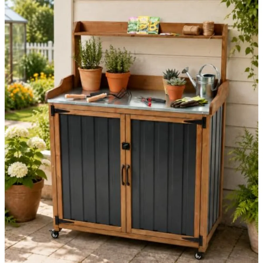 Mobile Garden Potting Bench with Storage Cabinet, Lockable Wheels and Adjustable Shelf, Waterproof Top Outdoor Workstation, Mag