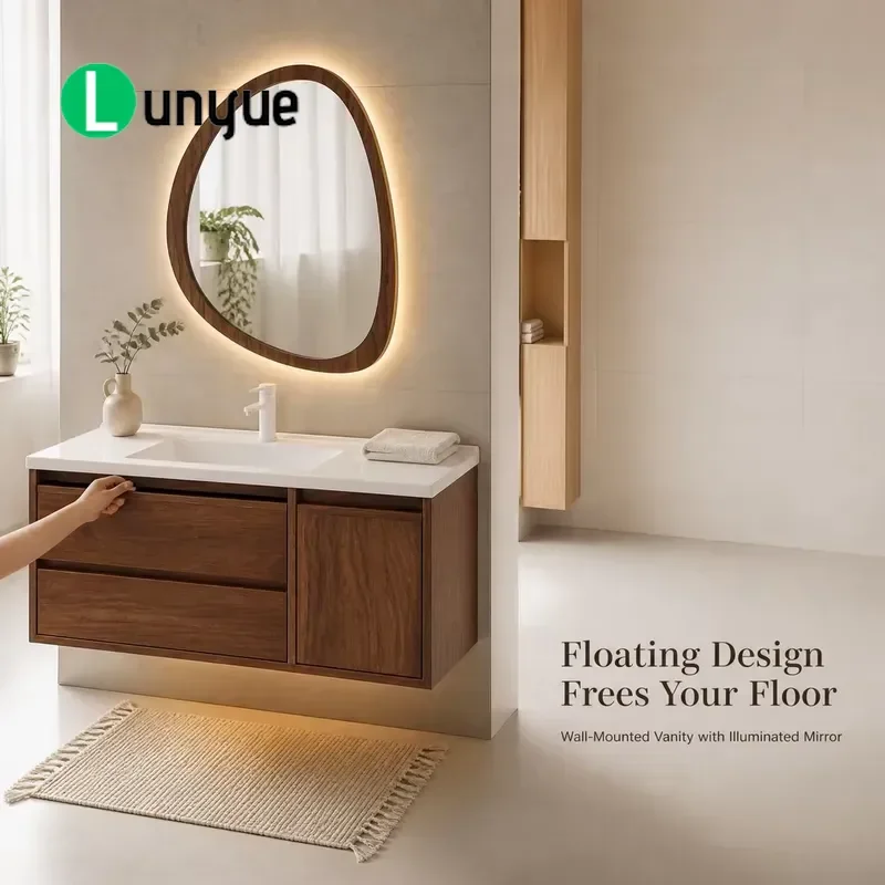 Medieval Style Solid Oak Bathroom Vanity Cabinet with Integrated Ceramic Basin and Intelligent LED Light Enamel Finish Wall