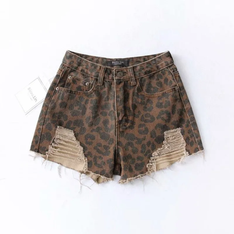 Women\'s Light Leopard Print Denim Shorts, Streetwear, Y2k, Harajuku, Vintage, Low Waist, Tassel Shorts, Jeans Clothes, Fashion