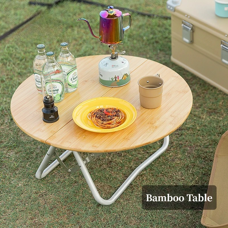 Portable Foldable Round Bamboo Camping Table Simple Outdoor Picnic Backyard Dining Table with Foldable Design