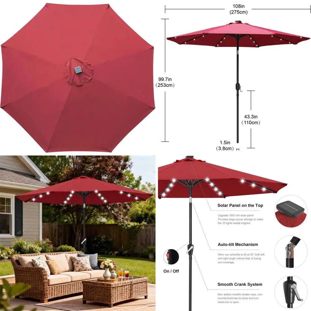 

Долговечный зонт для патио на солнечных батареях со светодиодной подсветкой (32 лампы), высотой 9 футов, цвет бордовый