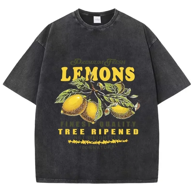 Cotton Men Acid Wash T-Shirts Premium Fresh Lemons Printing Tees Distressed Oversize O-Neck Short Sleeve Casual Men Clothes