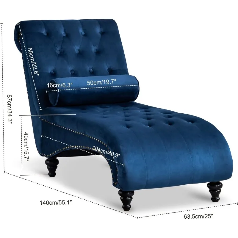 Chaise Lounge Chaise con botones de terciopelo, sofá de ocio con almohada de refuerzo, adorno de cabeza de nailon y patas giradas para sala de estar interior