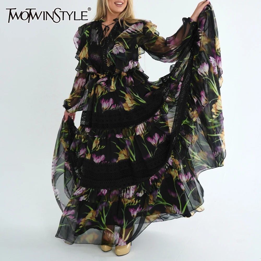 TWOTWINSTYLE Hit Color Printing Spliced Ruffles Casual Dresses for Women V Neck Long Sleves Sheer Patchwork Lace Dress Female