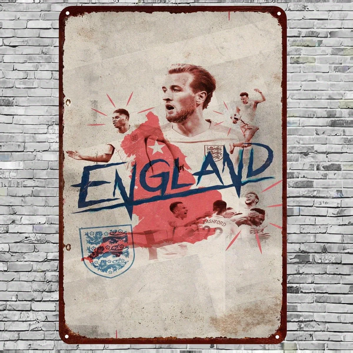 Vintage England Football Team Tin Sign - Retro Sports Art Decor, , Distressed Metal Wall Art with Player Silhouettes & Stars D