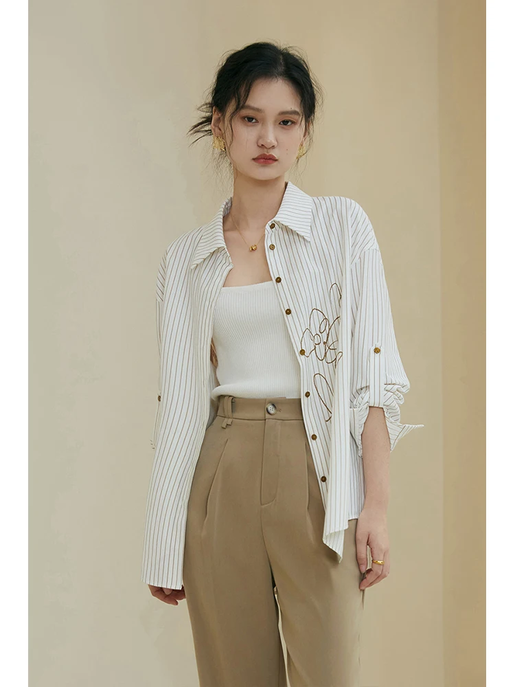 ZIQIAO Casual High-quality Women Striped Shirt Early Autumn New Printing Chic Long-sleeved Top Niche Design Sense Female Blouses