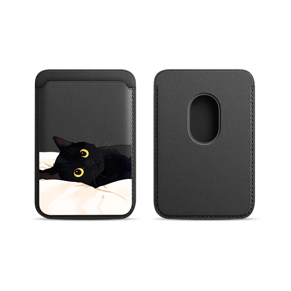 Schwarze Katzen-Leder-Kartenhülle für das Handy, geeignet für alle iPhone-Hüllen, Magsafe magnetische Kartenhalterung, einfache Handy-Rückentasche – Detail 9