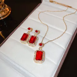 G&D Luxury Red Crystal Pendant Stainless Steel Necklace/Earrings/Ring Jewelry Set for Women Wedding Valentine's Day Gift