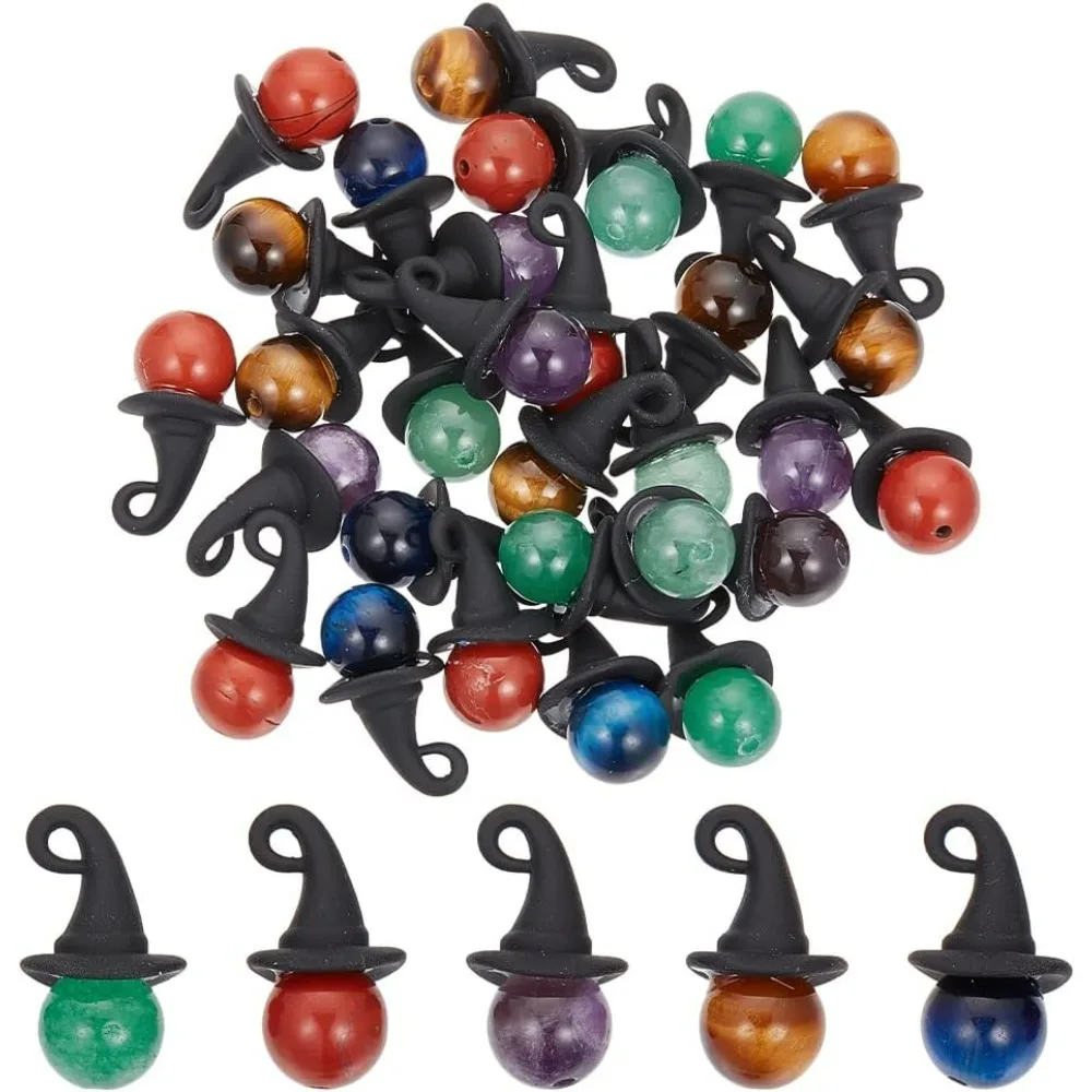 30 Pcs 5 Colors Halloween Theme Natural Stone Charms, Mixed Gemstone Pendants Round Beads Charm with Black Alloy Hat