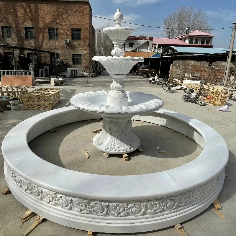 Natural white marble fountain hand-carved large outdoor garden white granite stone pool 3-story marble fountain