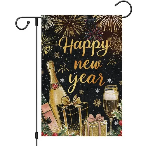Happy New Year Christmas Firework Garden Flag 12x18 Inch Double Sided Burlap ... YYZ